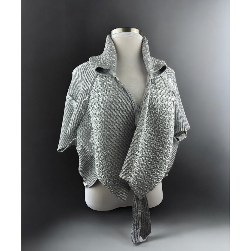 Candiss Cole Art-To-Wear Jacket Silver Crinkle Open Front One Size Quiet Luxury